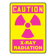 Plastic Safety Sign CAUTION X-RAY RADIATION with Graphic, 14"High x 10" Width, Magenta on Yellow, #RD-WS-P-003